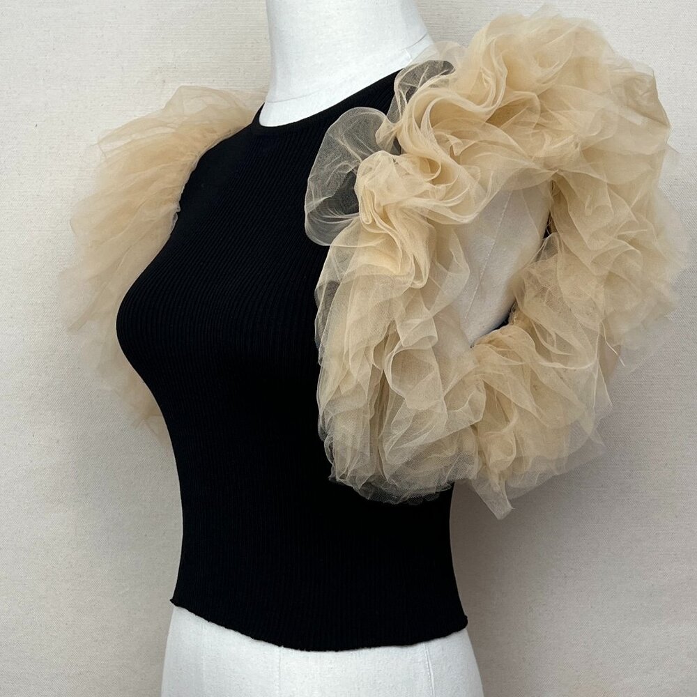 Zara Black Ribbed Top with Dramatic Ruffle Sleeves Size Small